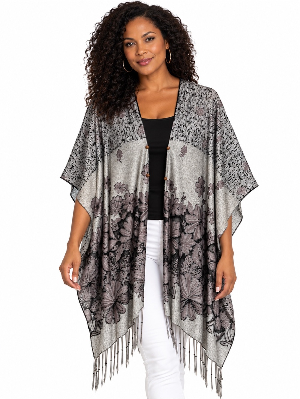 Floral Fringe Open-Front Kimono Wrap - Gray Black Shiny Glitter